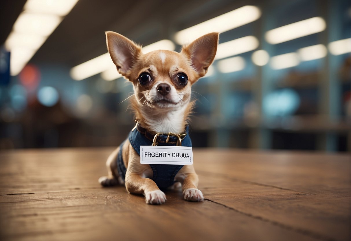 A small Chihuahua dog sits on a price tag with "Frequently Asked Questions: How much does an original Chihuahua cost?" written above