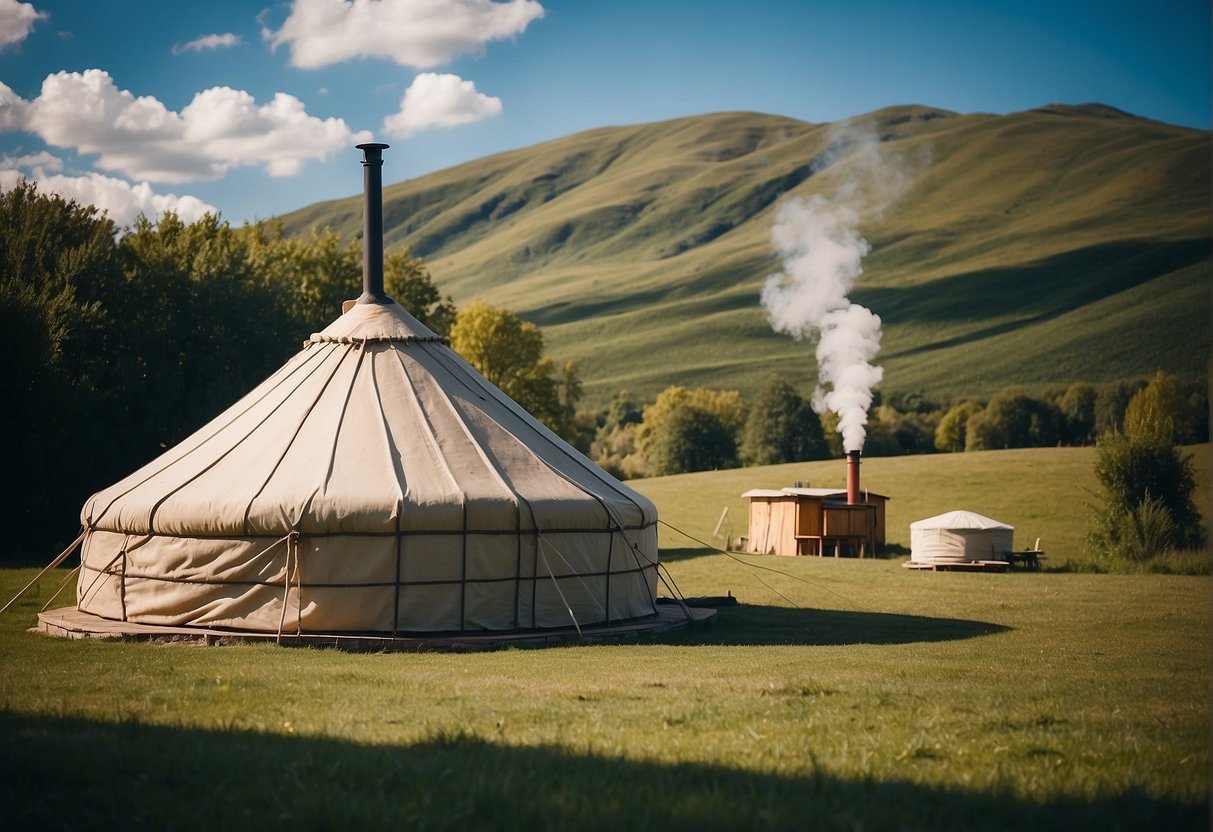 A yurt made of wood, felt, and canvas, sits on a grassy plain under a clear blue sky. Smoke rises from a chimney atop the yurt, and a small stream flows nearby