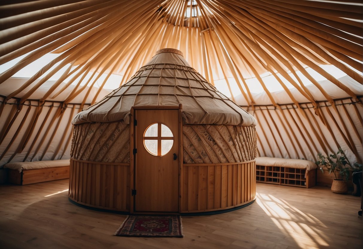 A yurt made of wooden lattice walls and a domed roof covered in felt or canvas, with a central skylight and a wooden door