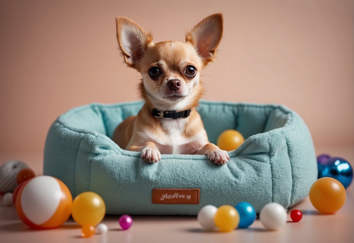 A pregnant Chihuahua lounges in a cozy dog bed, surrounded by toys and a bowl of water