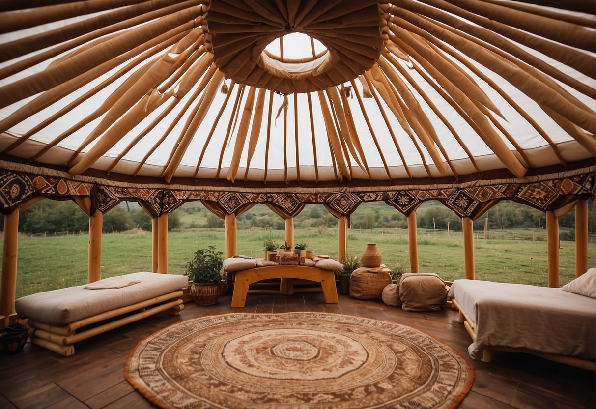 A yurt made of wooden lattice walls covered in felt or canvas, with a domed roof and a circular opening at the top. Surrounding the yurt are traditional decorations and modern adaptations, such as solar panels or satellite dishes