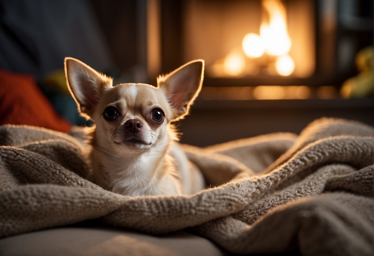 A chihuahua dog is nesting in a cozy, cushioned area, surrounded by soft blankets and toys. A gentle, warm light illuminates the space, creating a peaceful and serene atmosphere