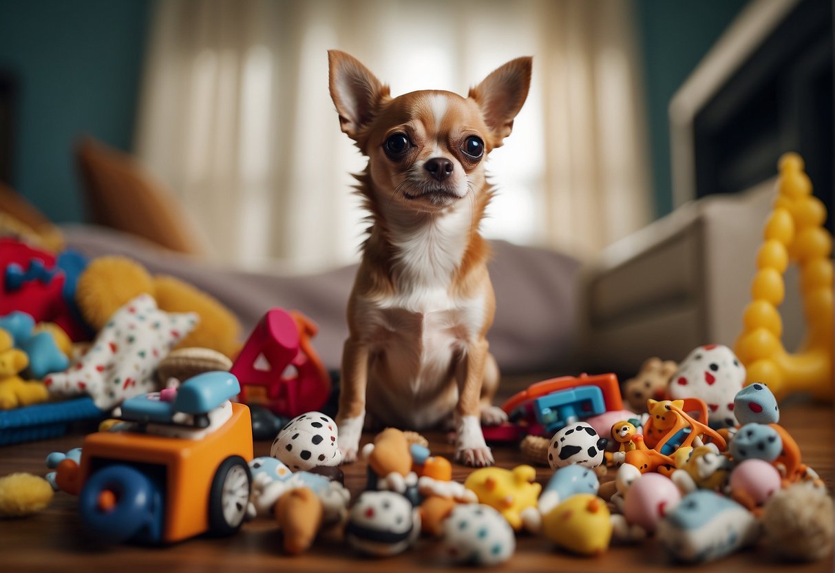 A chihuahua sits expectantly, surrounded by a pile of tiny toys and a cozy bed, while a calendar on the wall marks off the days of her pregnancy