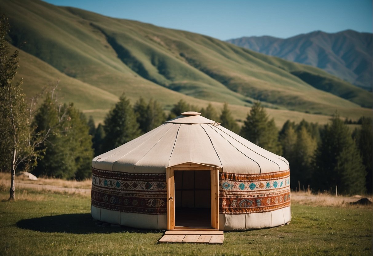 A yurt made of felt and wood, set against a backdrop of rolling hills and a clear blue sky