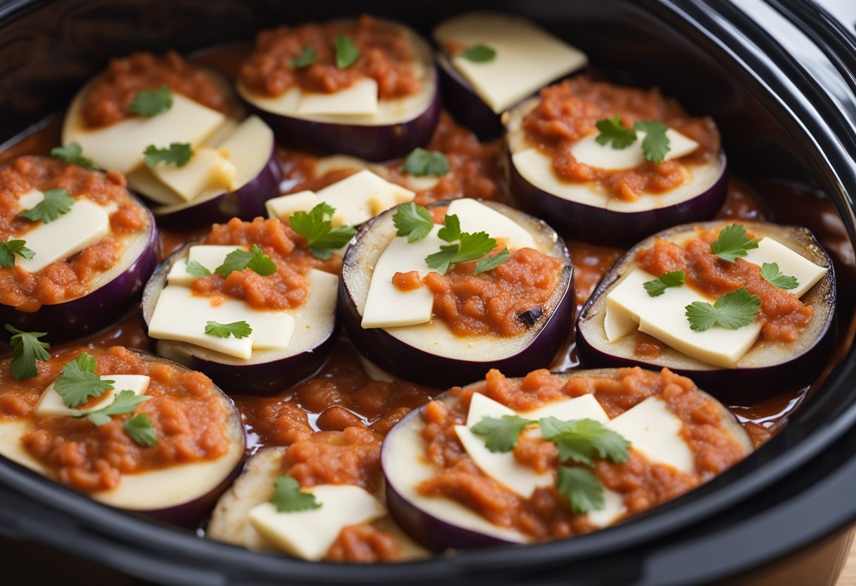 Eggplant slices layered with marinara sauce and cheese in a slow cooker, set to low heat for 4-6 hours