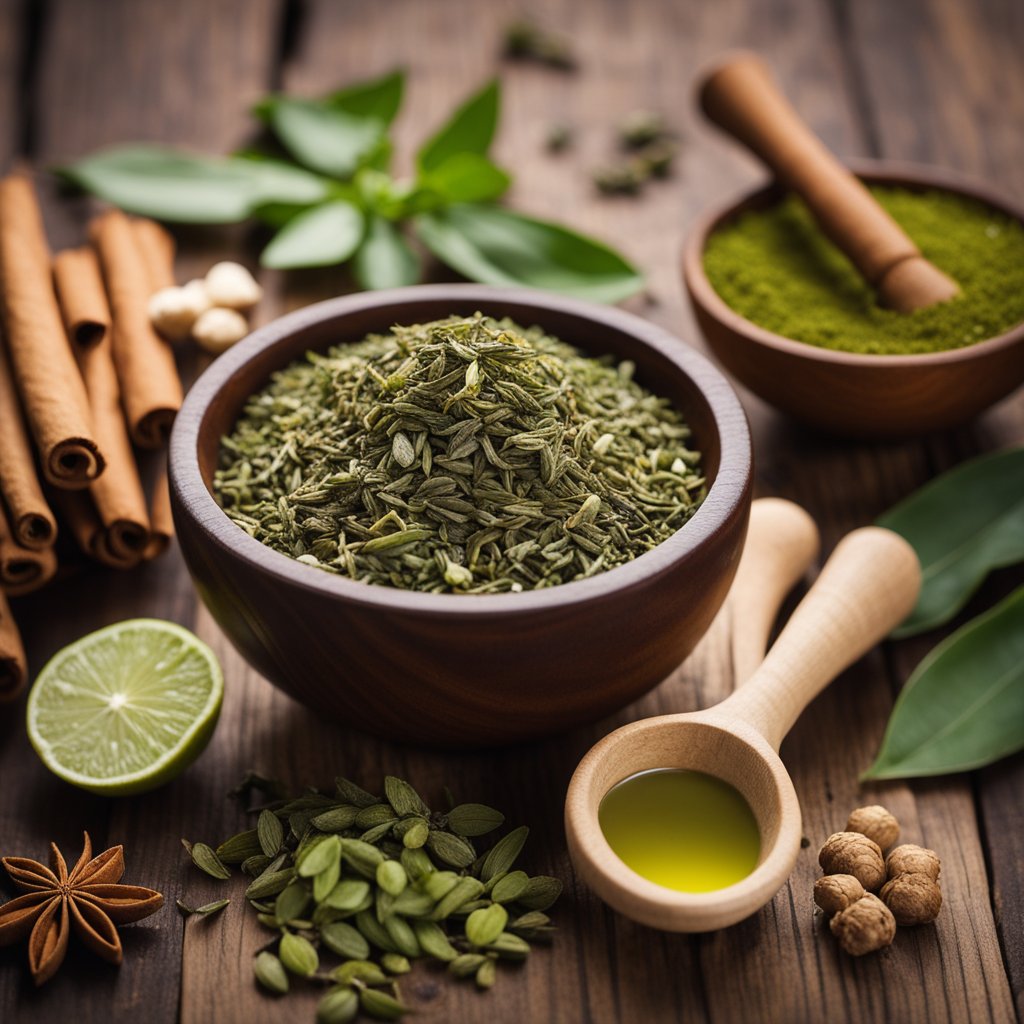 Various natural herbs like green tea, ginger, and cinnamon arranged on a wooden surface with a mortar and pestle