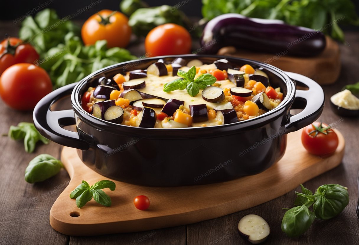 Eggplant, tomatoes, and cheese layer in slow cooker. Nutritional information displayed nearby