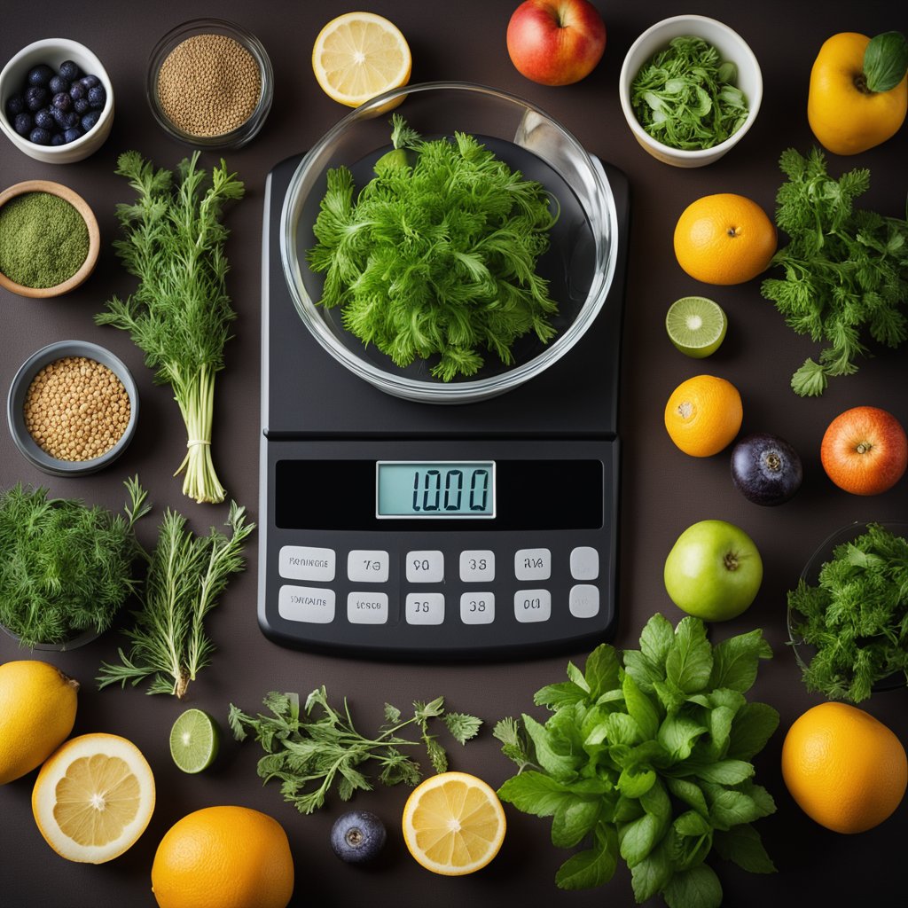 Fresh herbs arranged around a scale, with a tape measure and a variety of fruits and vegetables. A sense of balance and wellness is conveyed through the composition