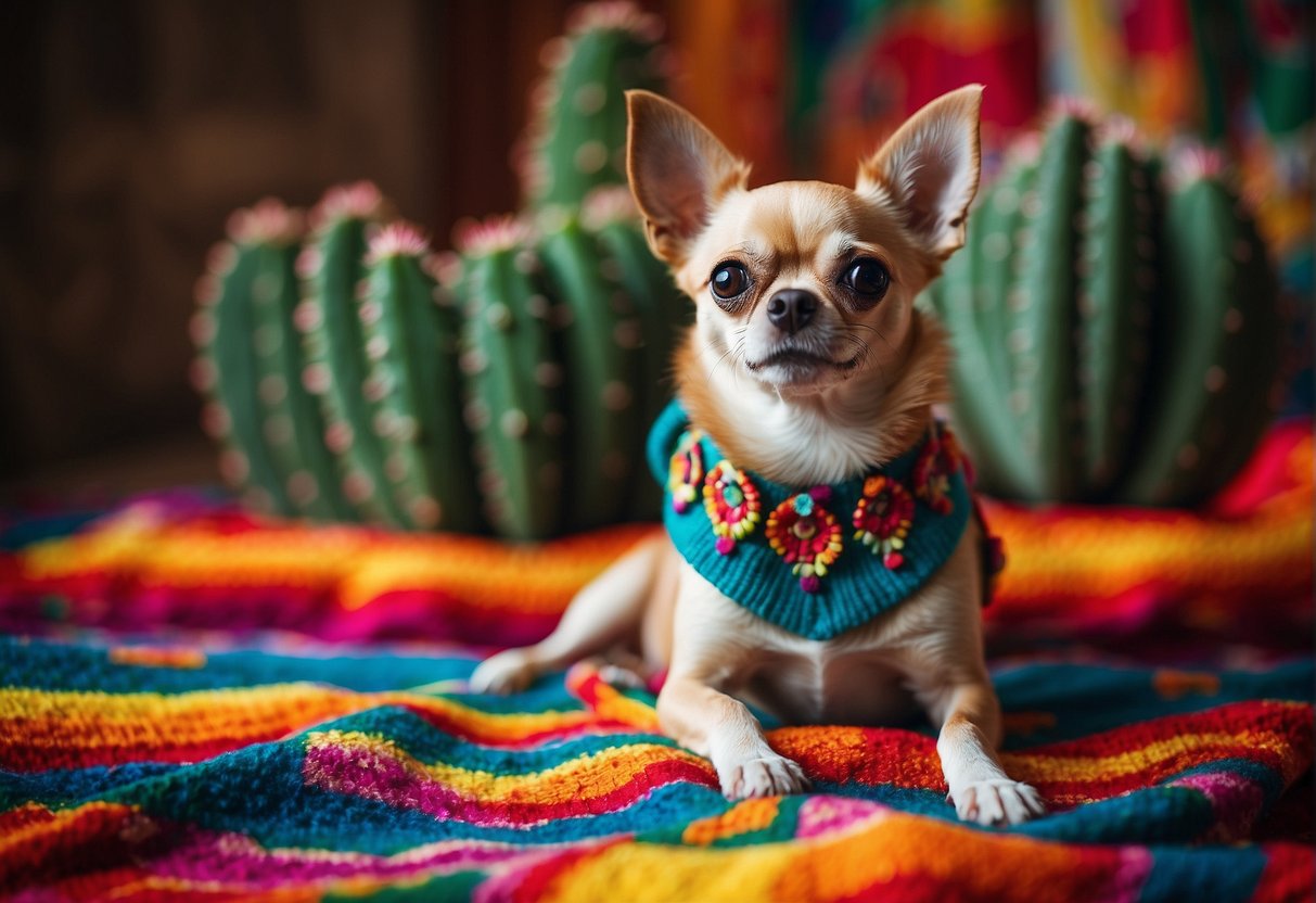 A Chihuahua stands on a vibrant Mexican blanket, surrounded by colorful papel picado and cacti