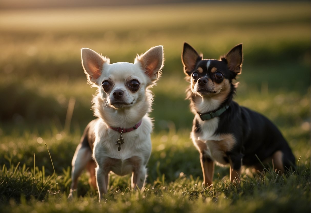 A Chihuahua with a short, smooth coat stands alert on a grassy field, its ears perked up and eyes focused. Another Chihuahua with a long, flowing coat sits beside it, looking up with a curious expression