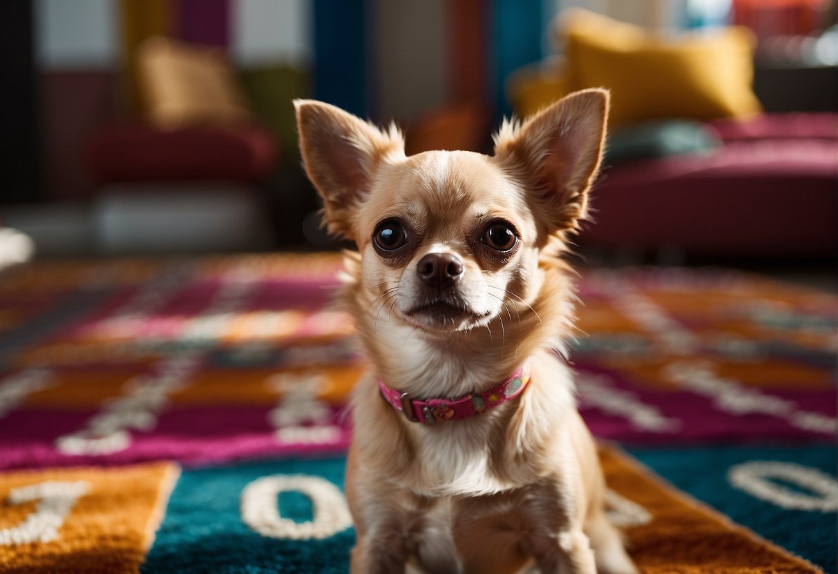 A chihuahua dog sits on a colorful rug, surrounded by question marks and a sign that reads "Frequently Asked Questions: How much is a chihuahua?"