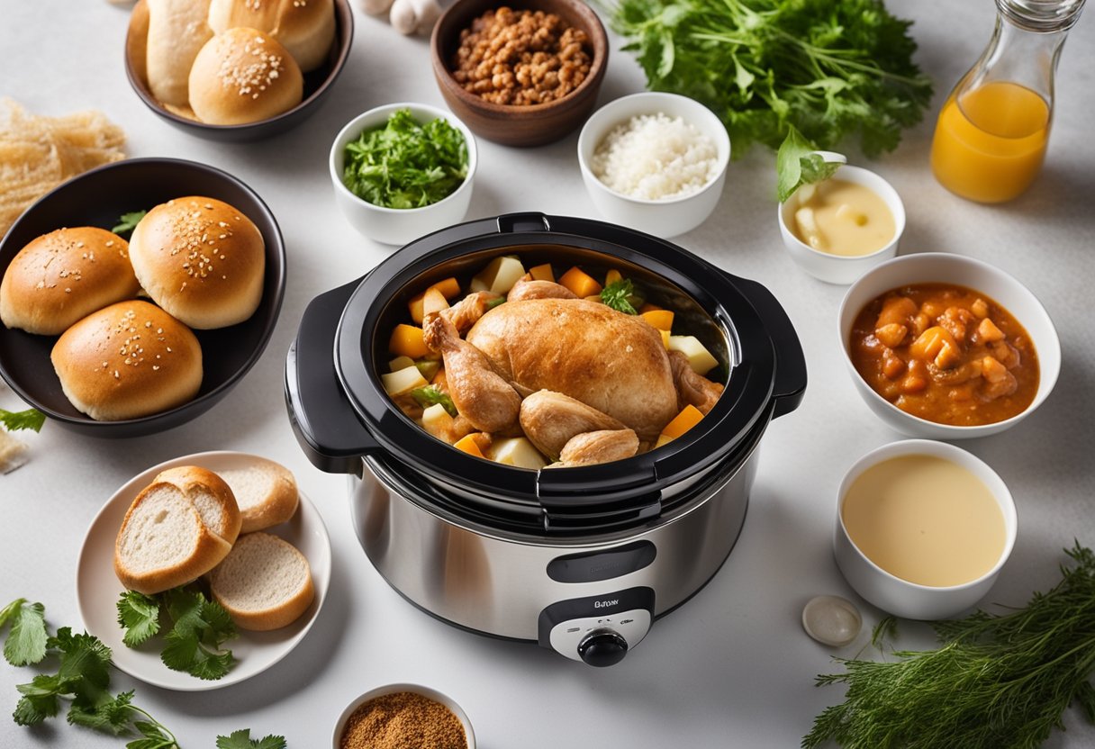 A slow cooker surrounded by ingredients like chicken, buns, and condiments, with a list of possible substitutions nearby