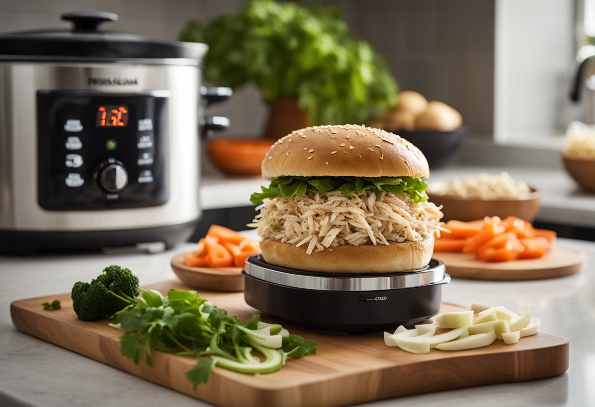 A slow cooker sits on a kitchen counter, filled with tender shredded chicken. A stack of whole grain buns and a bowl of fresh vegetables are nearby