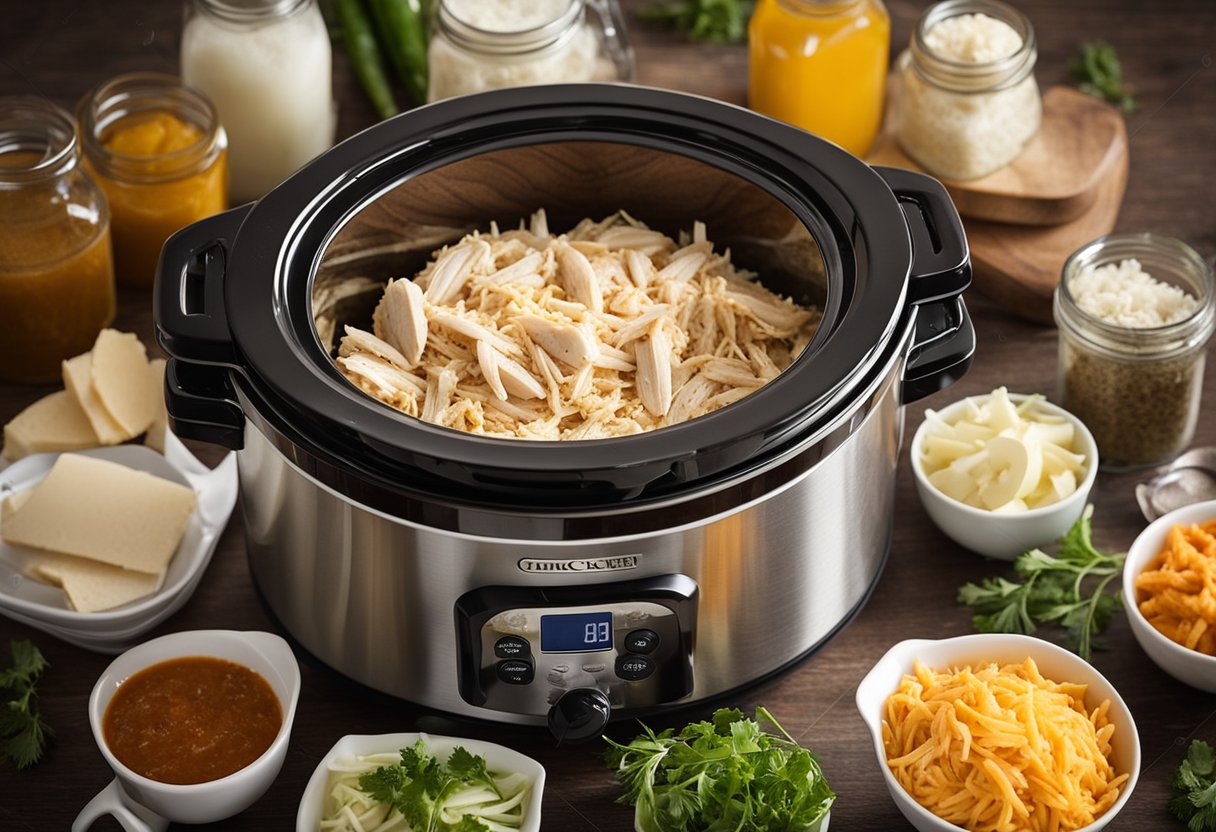 A slow cooker surrounded by ingredients for shredded chicken sandwiches, including buns, chicken, seasonings, and condiments