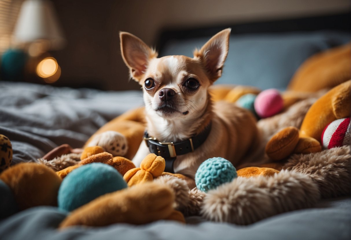 A chihuahua lounges in a cozy bed, surrounded by toys and treats, with a clock on the wall ticking away the hours