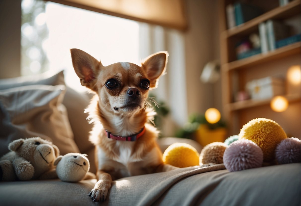 A chihuahua dog sits in a cozy living room, surrounded by toys and a comfortable bed. The sunlight streams in through a window, casting a warm glow on the contented pup