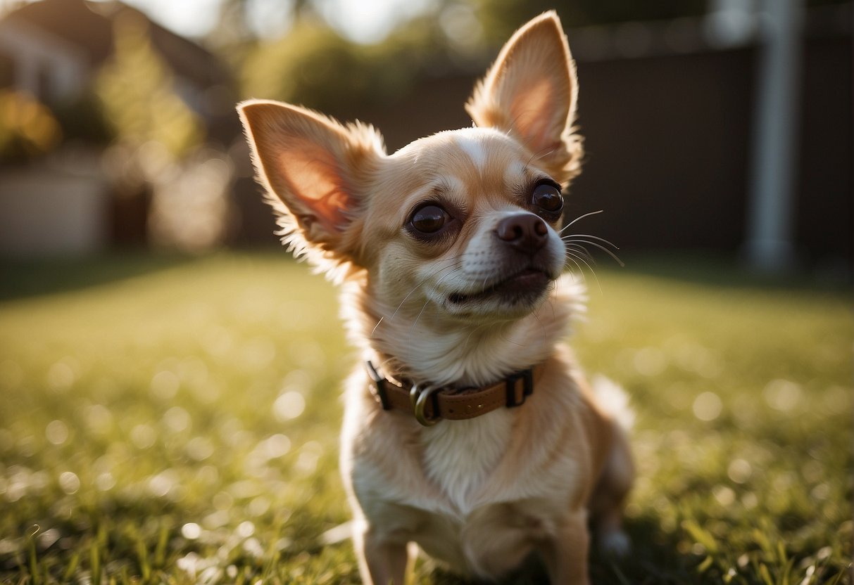 A Chihuahua with perky ears and a wagging tail, playing in a sunny backyard with a toy