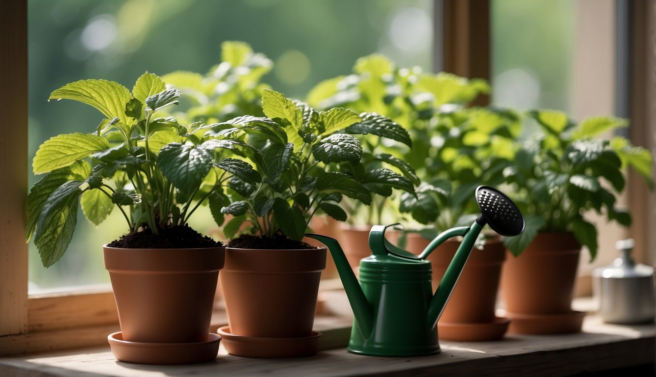 Spearmint plants in pots on a sunny windowsill, surrounded by gardening tools and watering can. Bright green leaves and delicate stems