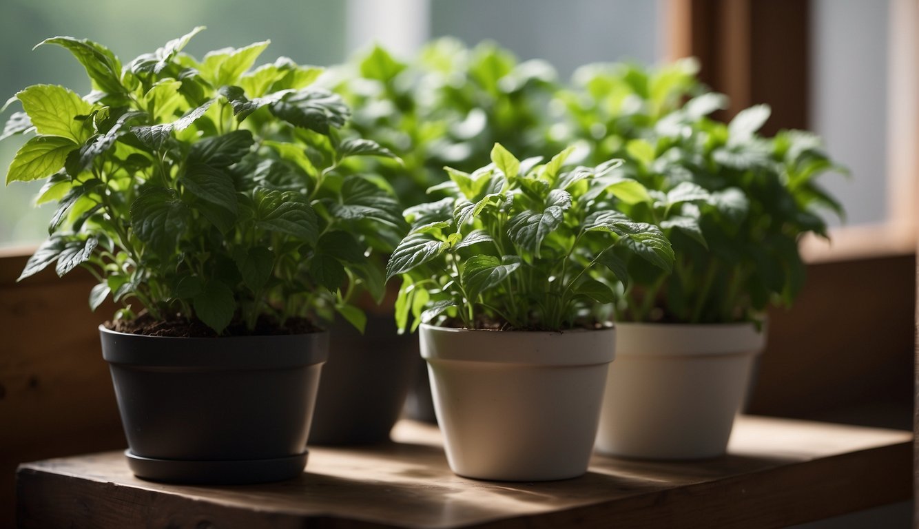 Lush green spearmint plants fill a well-lit indoor space, arranged in pots or planters. A warm, nurturing environment encourages healthy growth and vibrant leaves
