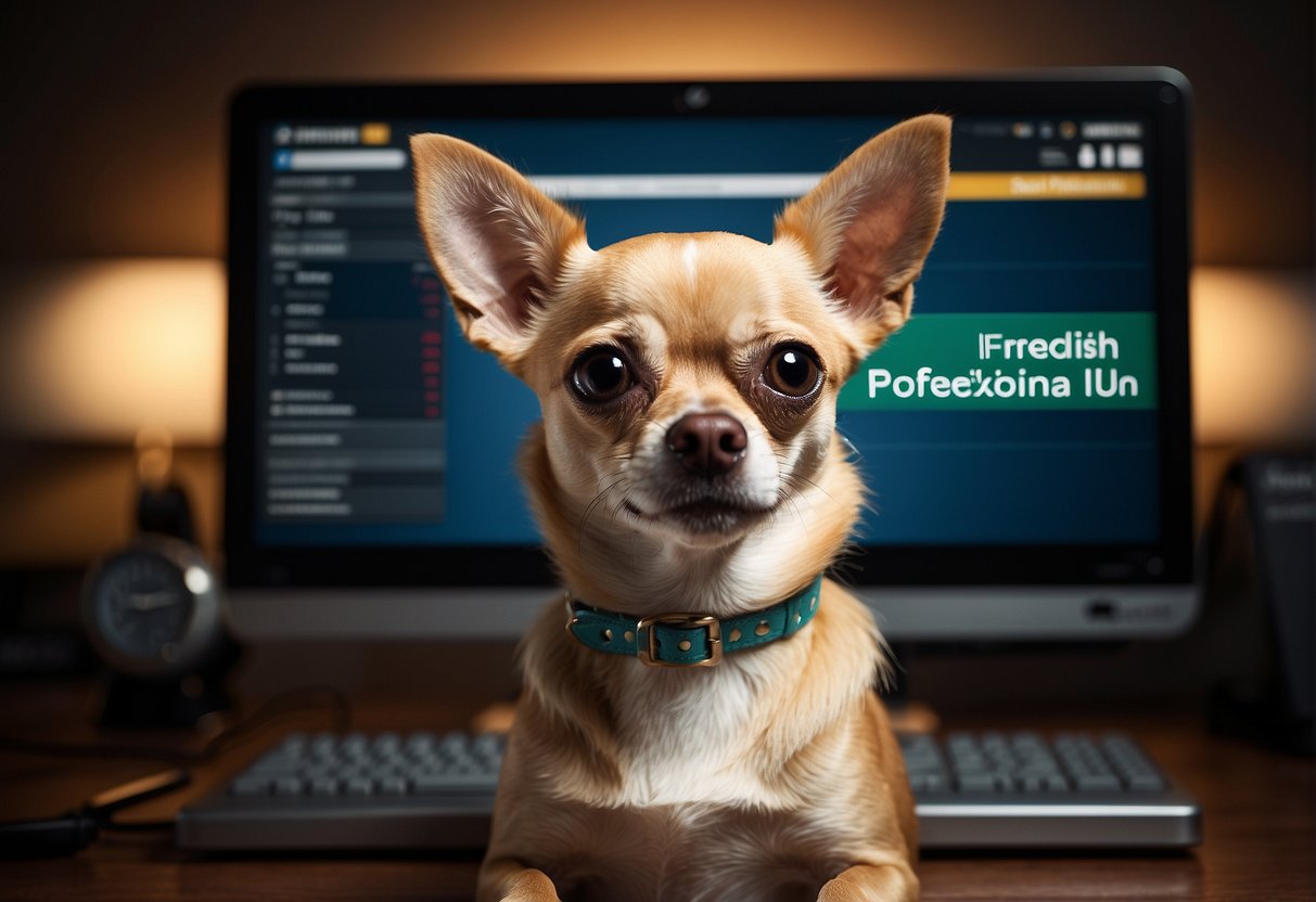 A chihuahua sits alertly, ears perked, in front of a computer screen displaying the words "Frequently Asked Questions: cuánto vive un chihuahua."