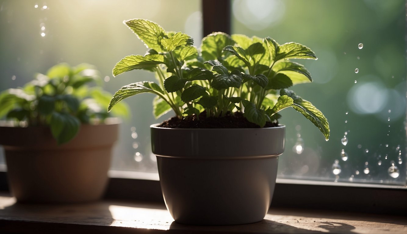 Spearmint plant in a small pot on a sunny windowsill with soil, water droplets, and new green leaves sprouting