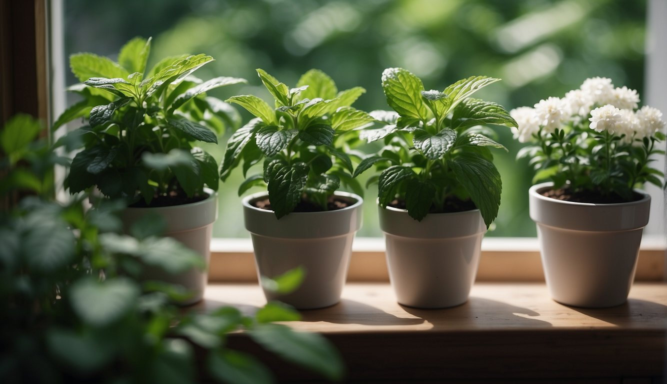 Lush spearmint plants thriving in pots on a sunny windowsill, surrounded by vibrant green leaves and fragrant white flowers