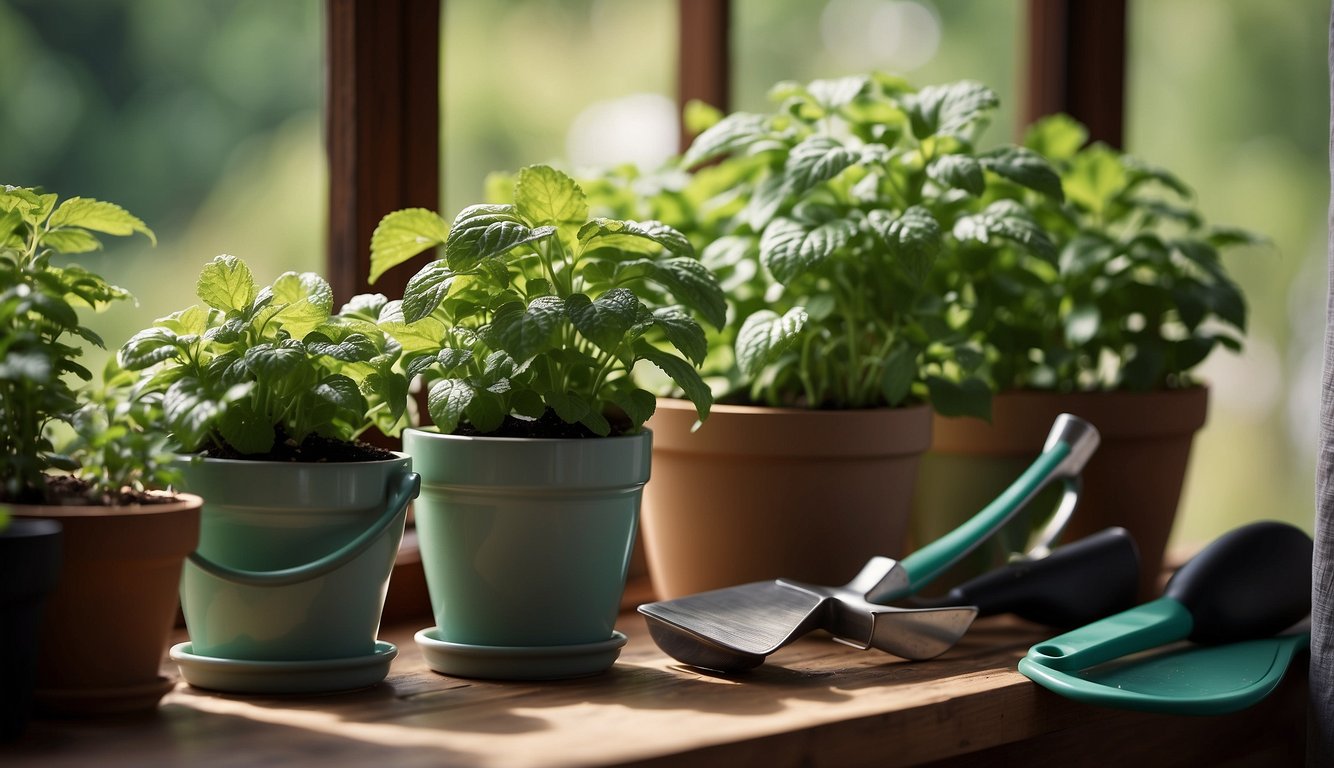 Lush spearmint plants thriving in pots on a sunny windowsill, surrounded by gardening tools and a watering can