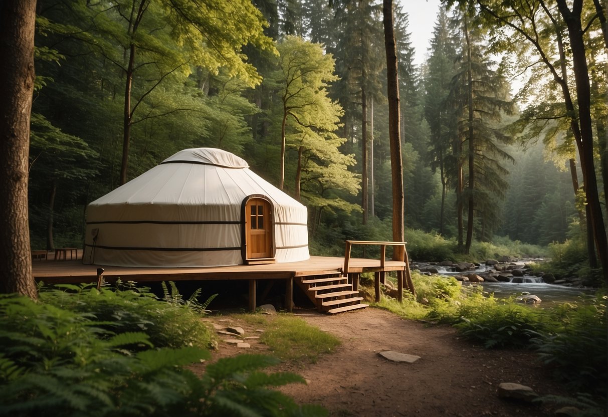 A yurt nestled in a serene, forested clearing, surrounded by lush greenery and a babbling brook, with a clear sky overhead