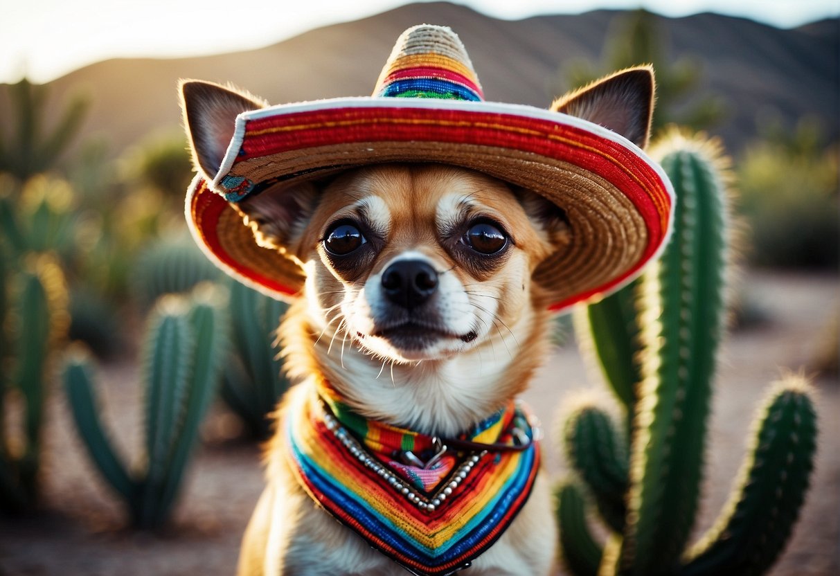 A chihuahua stands in front of a colorful backdrop, with a traditional Mexican sombrero resting on its head. The dog is surrounded by cacti and desert scenery, capturing the essence of Mexico