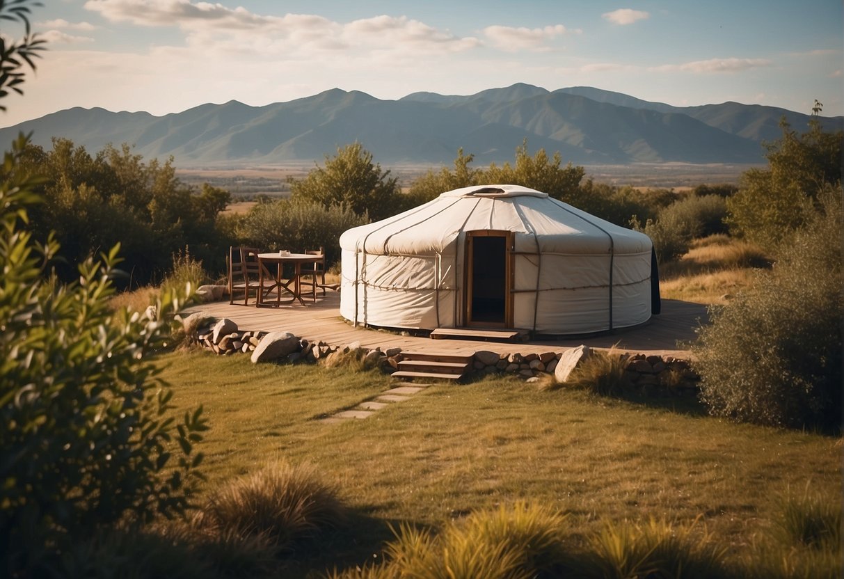 A yurt surrounded by a diverse landscape with a clear view of the horizon, indicating potential legal residency locations