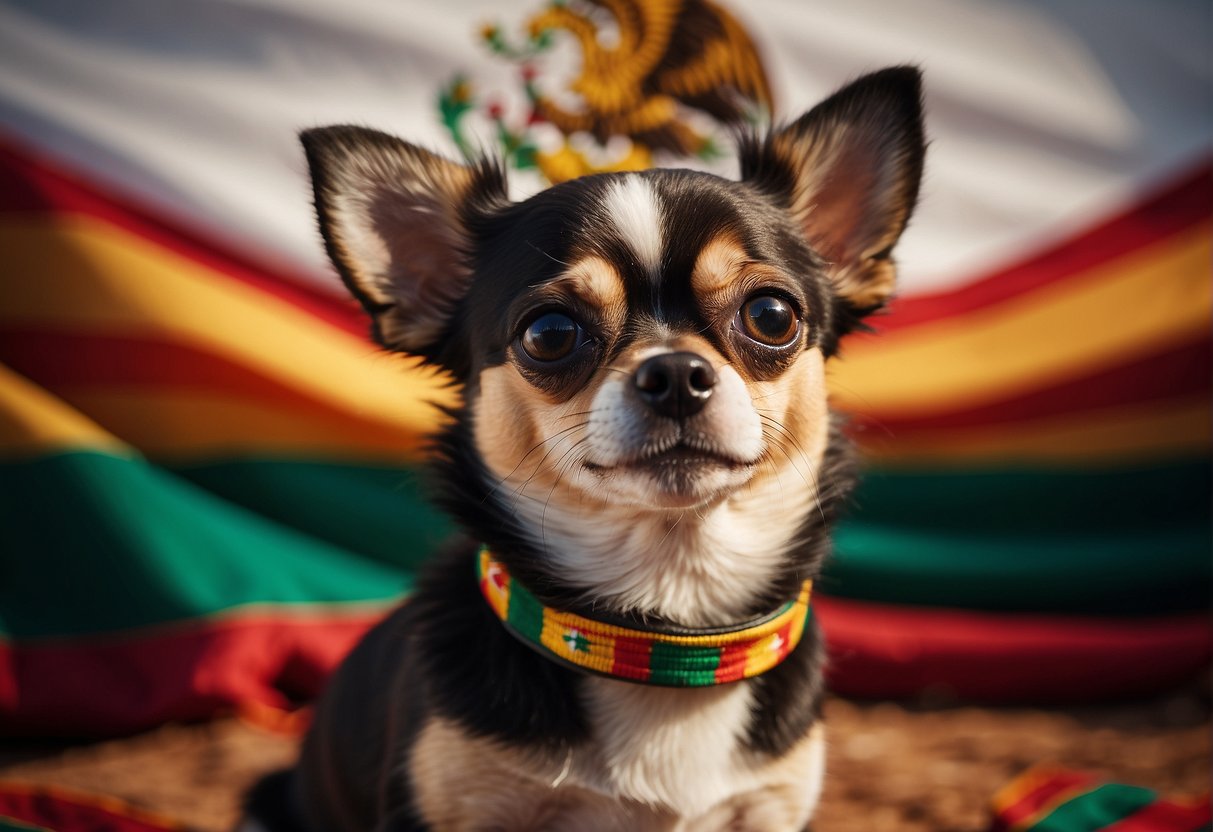 A small Chihuahua dog stands proudly in front of a colorful Mexican flag, representing the origin and history of the breed
