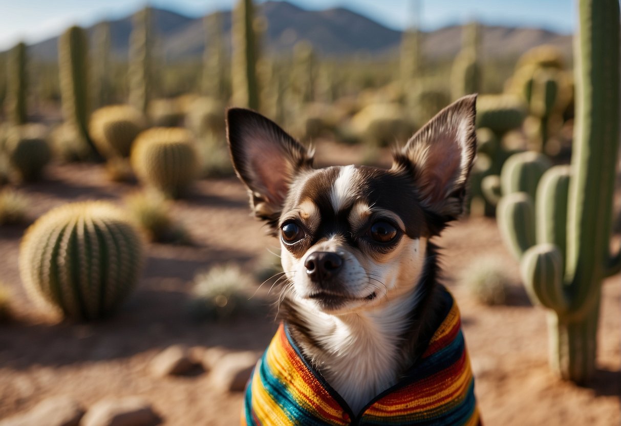 A Chihuahua dog with large ears and a small body, standing on a colorful Mexican blanket, surrounded by cacti and desert landscape