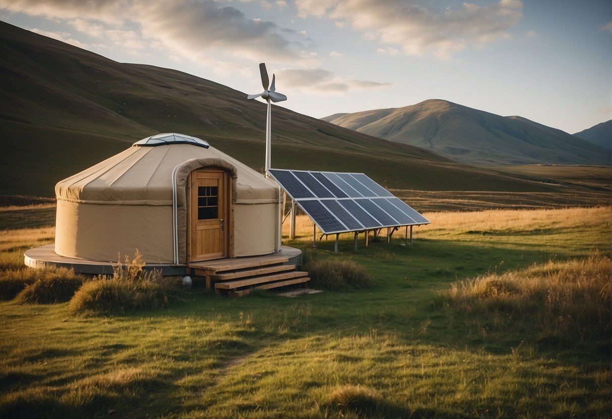 A yurt stands on a grassy plain, with a solar panel on the roof and a small wind turbine nearby. A composting toilet and rainwater collection system are visible next to the yurt