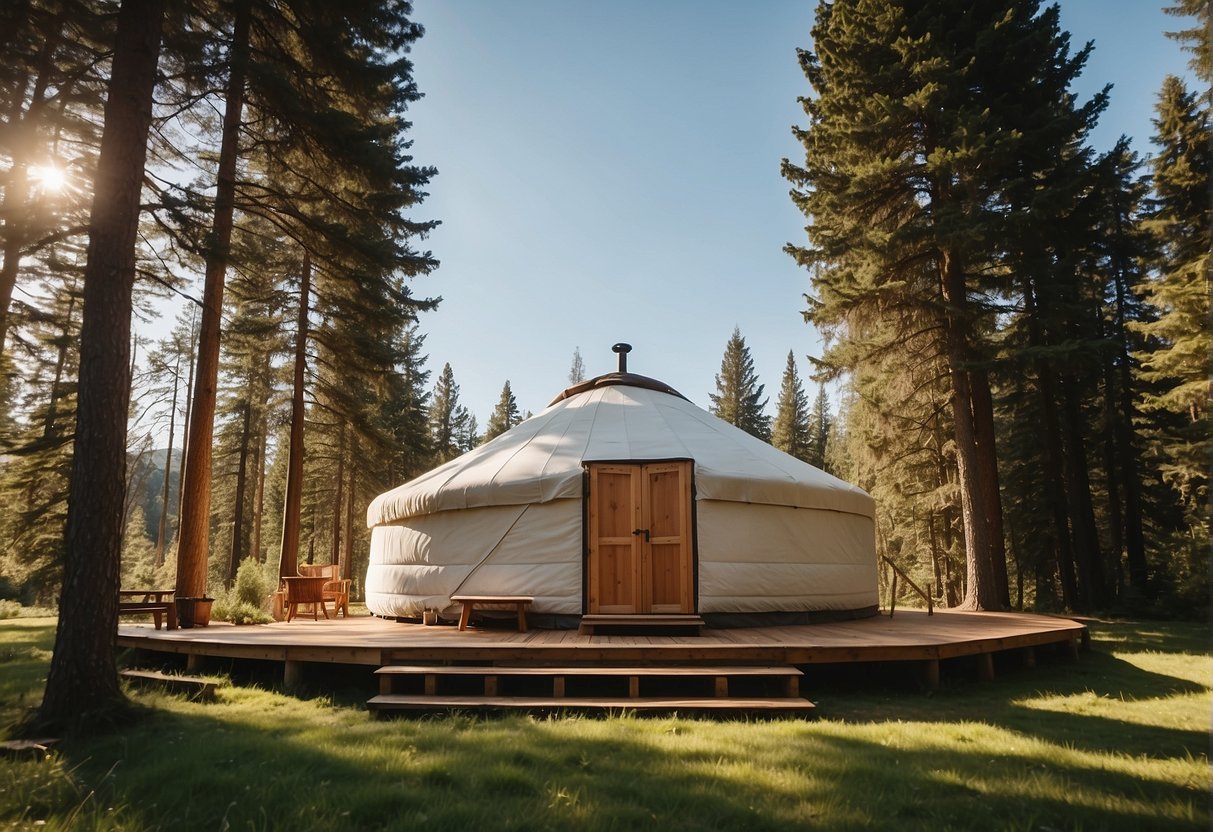 A yurt nestled in a serene natural setting, surrounded by tall trees and a clear blue sky. A sign nearby reads "Frequently Asked Questions: Where can you legally live in a yurt."