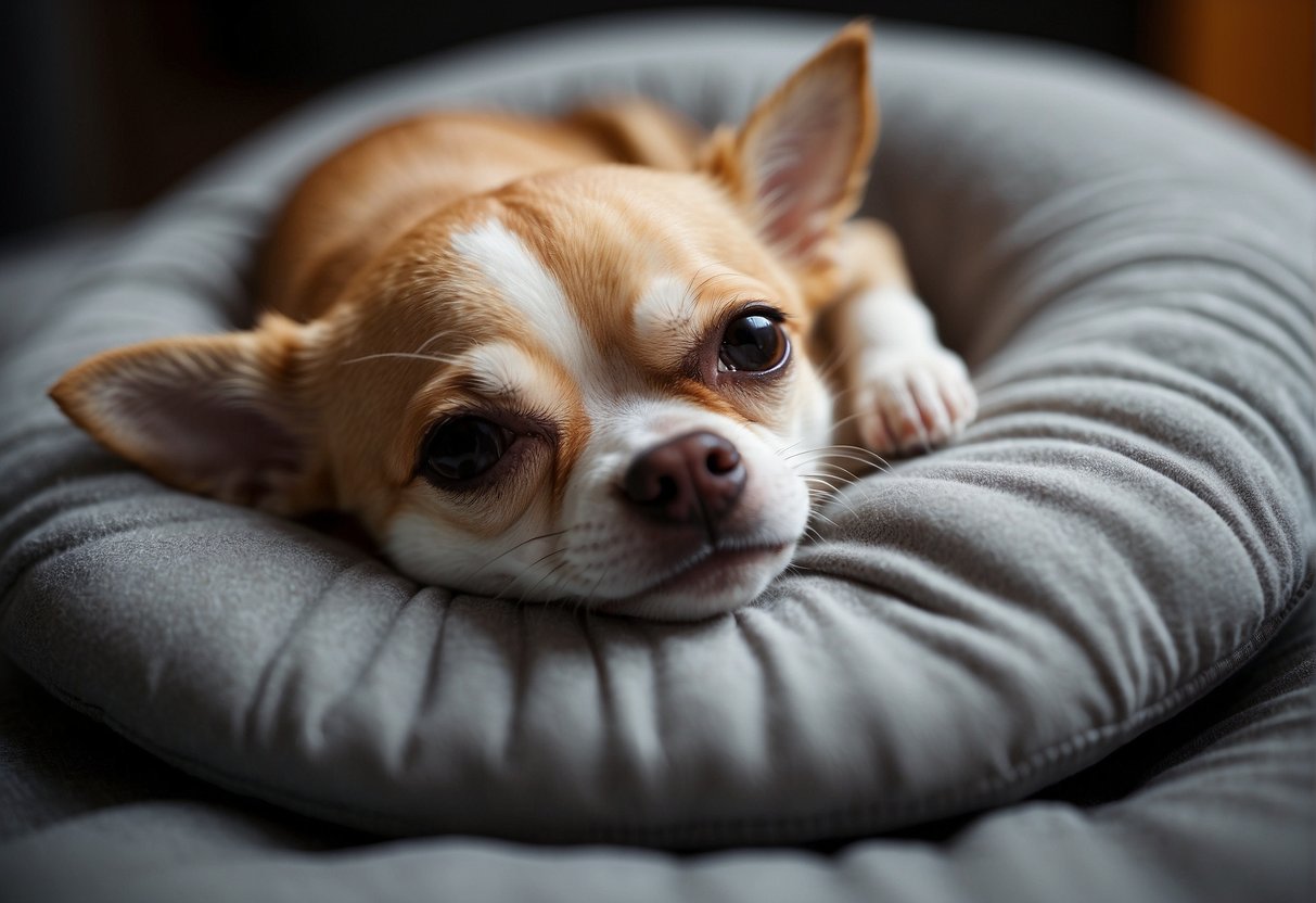 A chihuahua sleeping peacefully on a soft cushion, curled up with its tail wrapped around its body