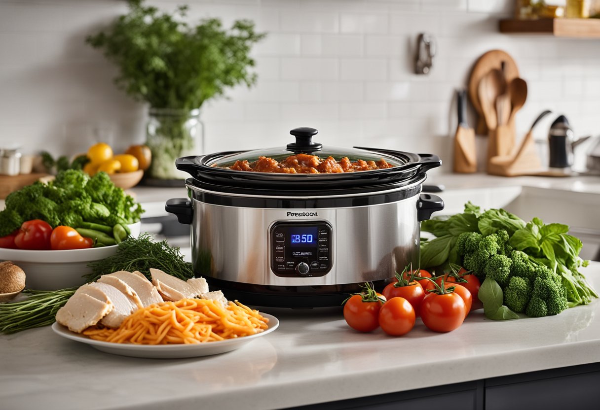 A slow cooker sits on a kitchen counter, filled with tender chicken smothered in marinara sauce and melted cheese, surrounded by fresh herbs and a side of steamed vegetables