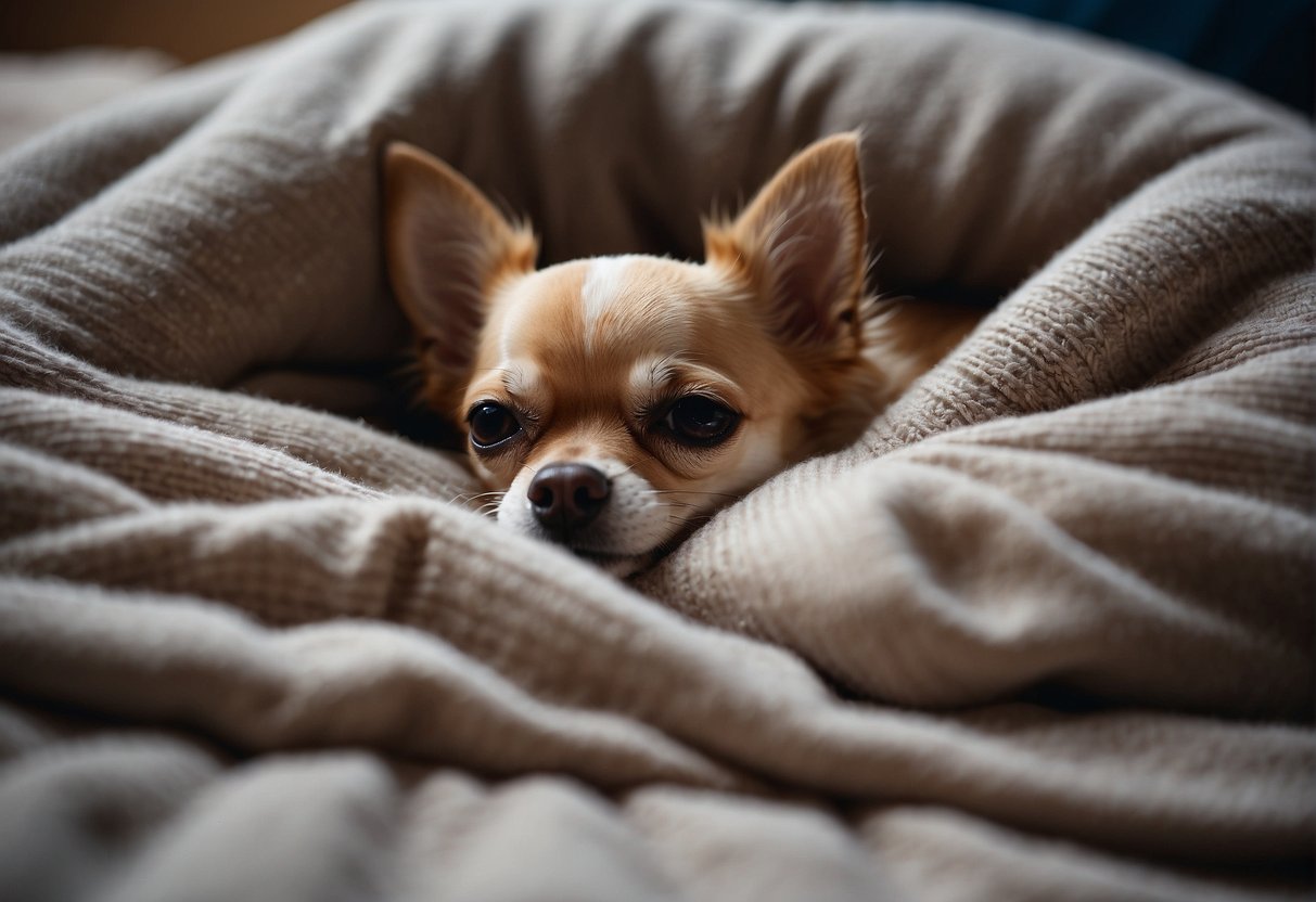 A Chihuahua dog sleeping peacefully in a cozy bed, curled up with its eyes closed and breathing softly