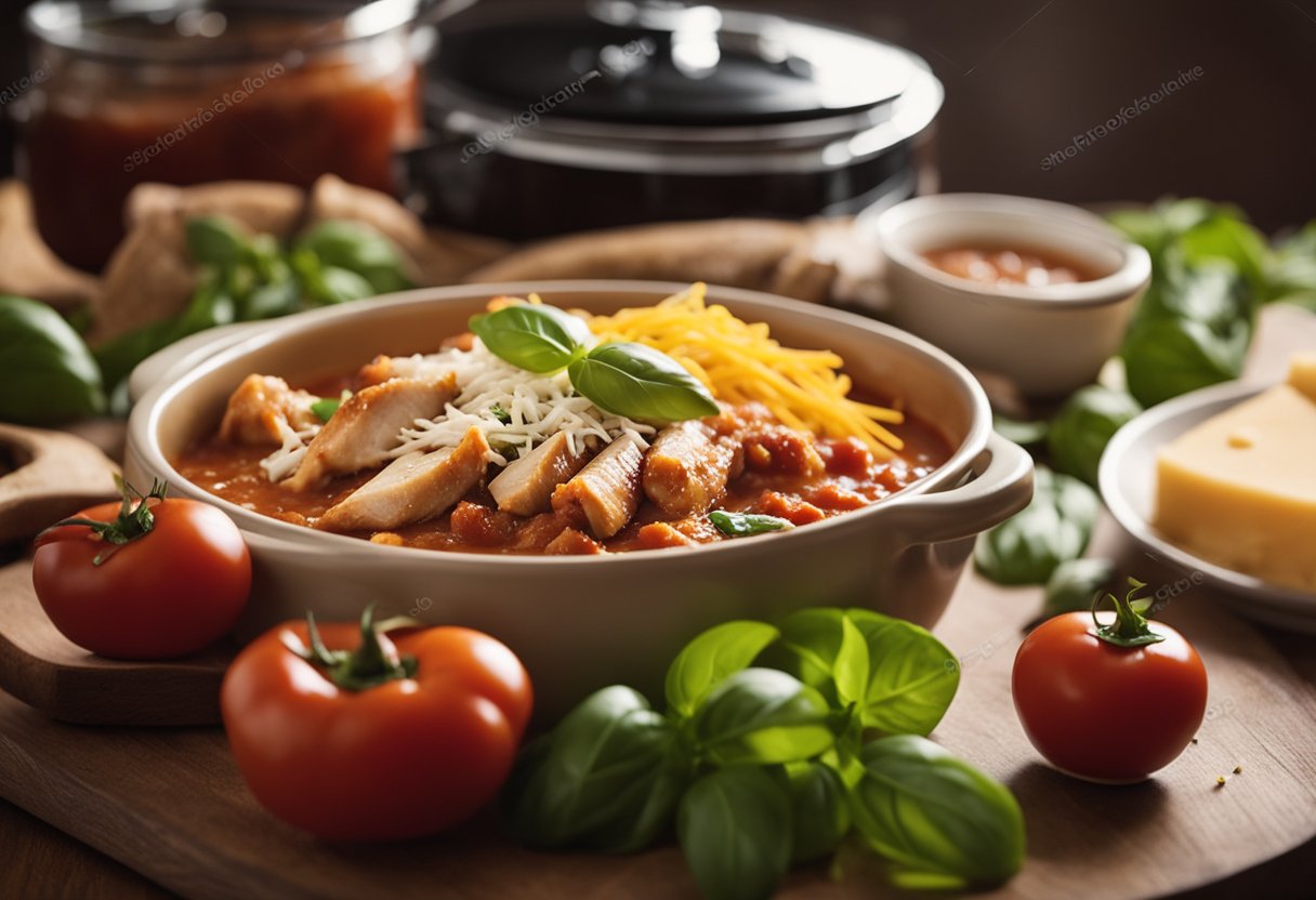 A slow cooker sits on a kitchen counter, filled with tender chicken, marinara sauce, and melted cheese, surrounded by fresh basil and a sprinkle of Parmesan
