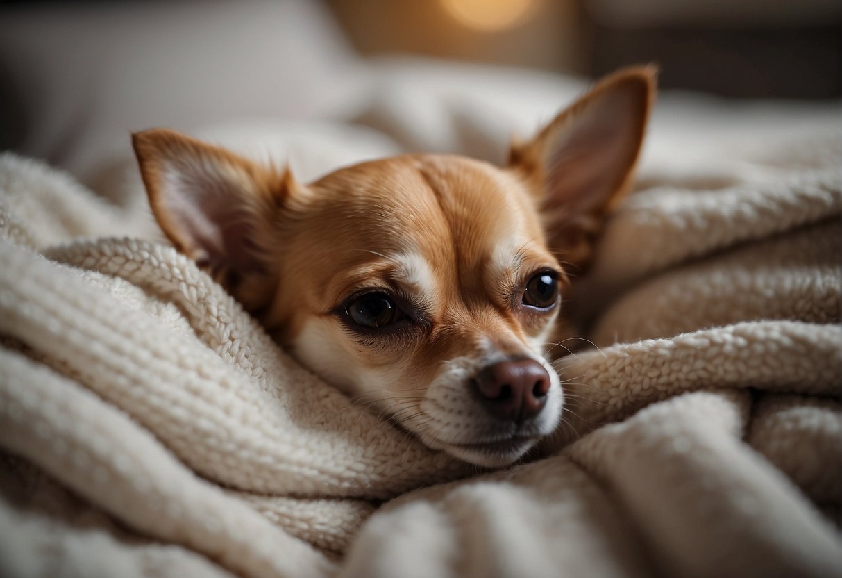 A chihuahua peacefully sleeping in a cozy bed, surrounded by soft blankets and pillows, with a warm and calming atmosphere