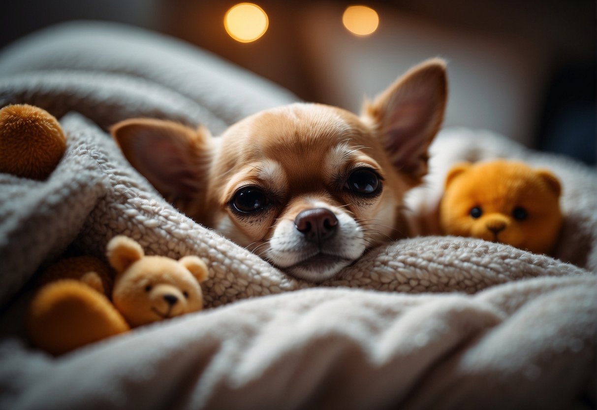 A chihuahua sleeping peacefully in a cozy bed, surrounded by soft blankets and toys, with a content expression on its face