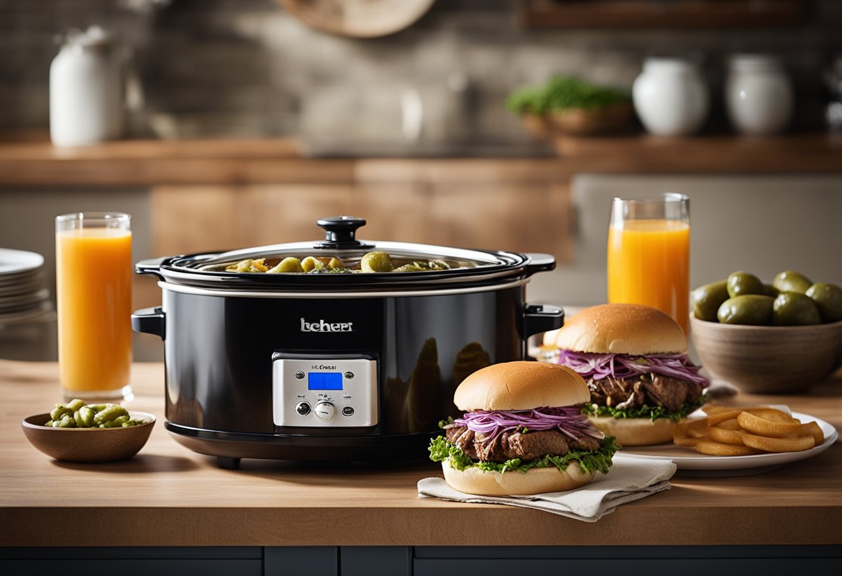 A slow cooker sits on a countertop, filled with tender pot roast and savory juices. A stack of soft sandwich buns and a jar of tangy pickles are nearby