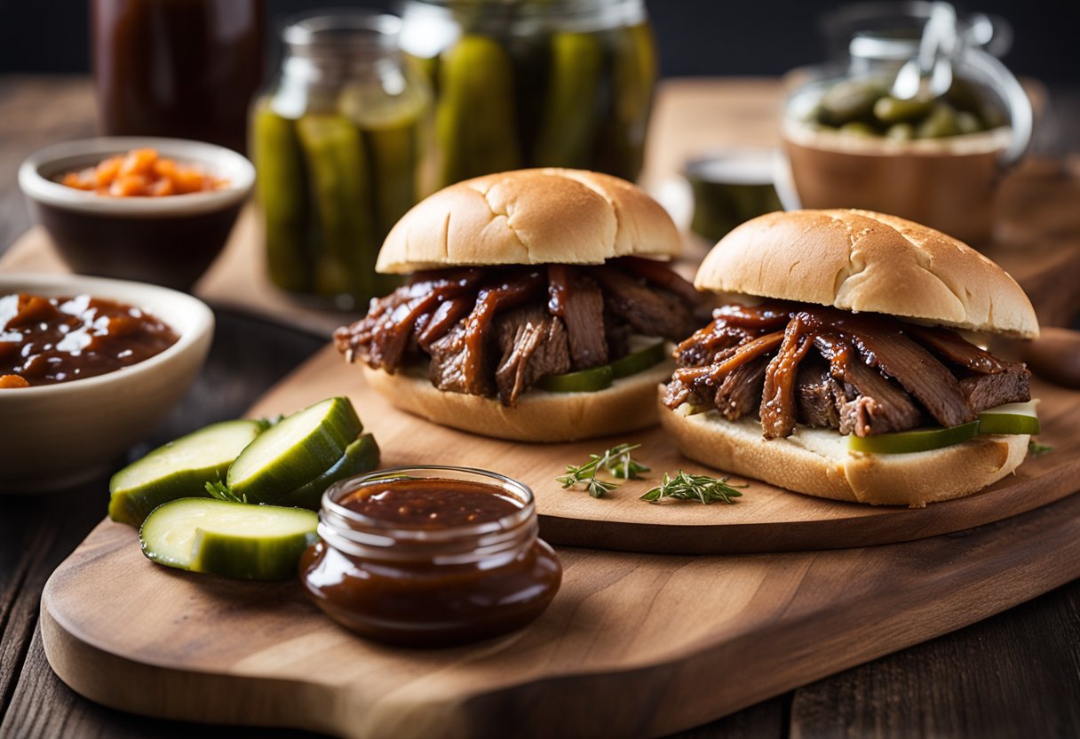 A slow cooker pot roast sandwich on a rustic wooden cutting board with a side of pickles and a dollop of tangy barbecue sauce