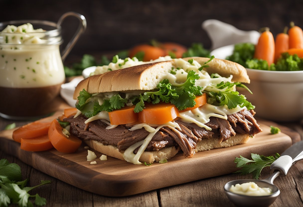A slow cooker pot roast sandwich sits on a rustic wooden table, surrounded by fresh vegetables and a side of creamy coleslaw. The sandwich is piled high with tender, juicy meat and topped with a savory gravy, ready to be enjoyed