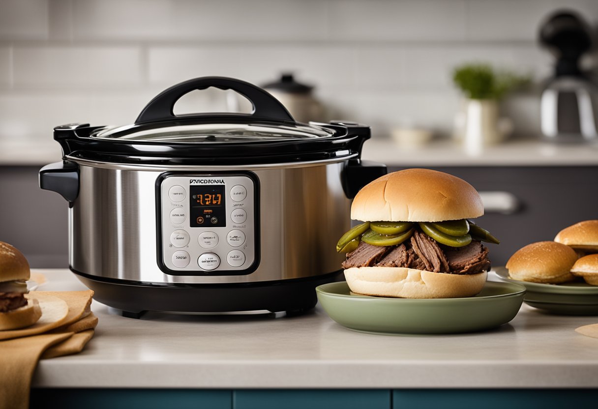 A slow cooker sits on a kitchen counter, filled with tender pot roast. A stack of sandwich buns and a jar of pickles are nearby