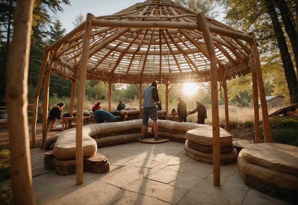 A group of people construct a wooden lattice frame, cover it with felt, and secure it with ropes to create a permanent yurt