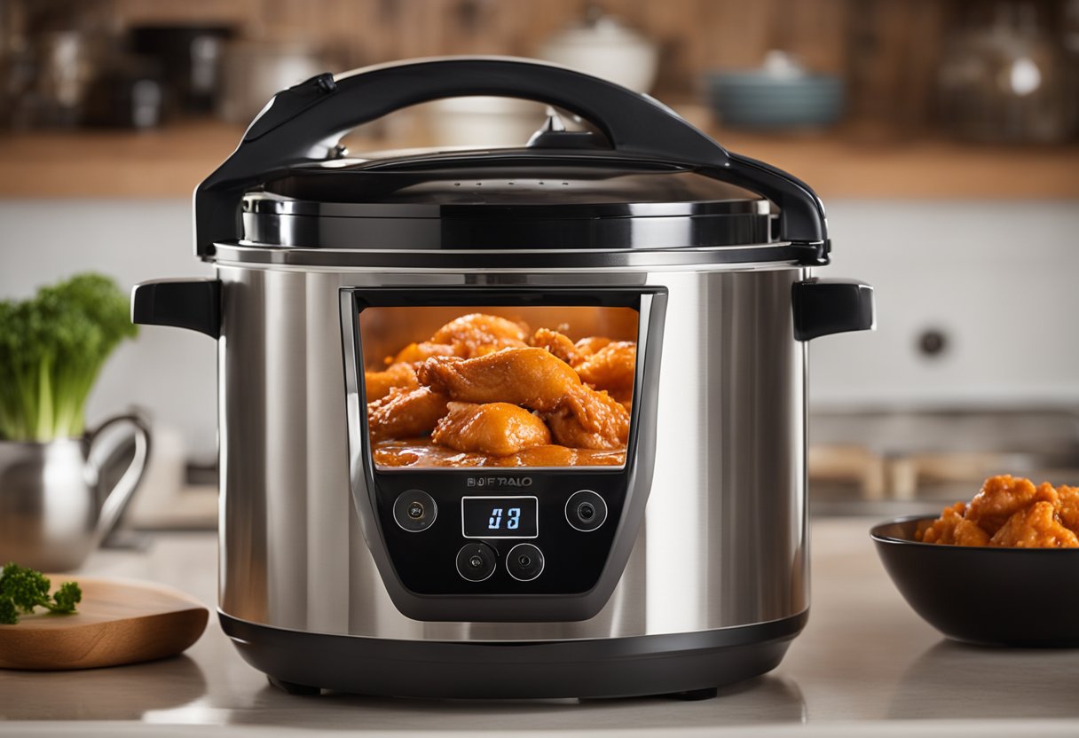 A slow cooker sits on a kitchen counter, filled with buffalo chicken. Steam rises as the lid is removed for reheating