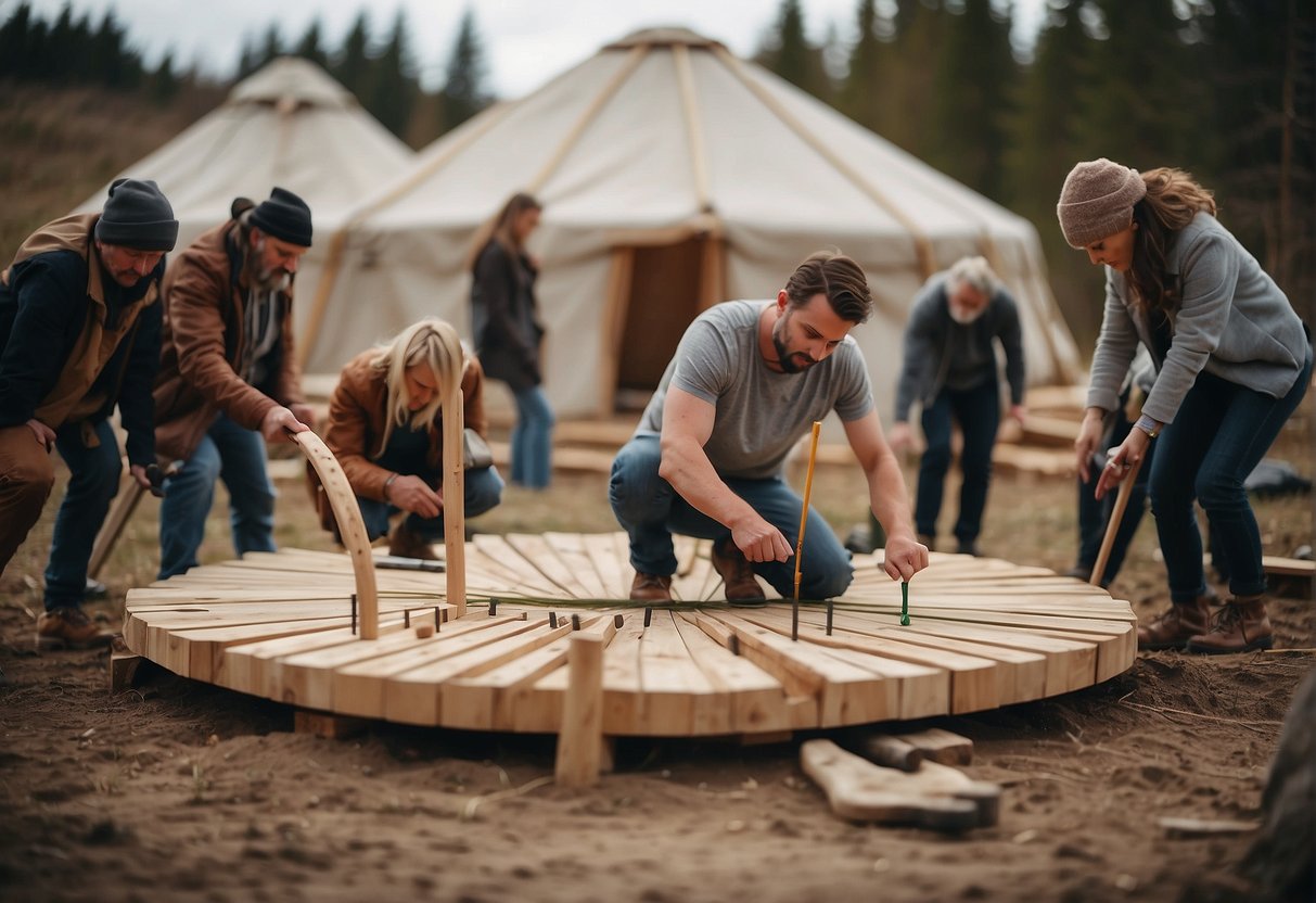 A group of people measure and mark the ground for a permanent yurt build, with tools and materials ready nearby
