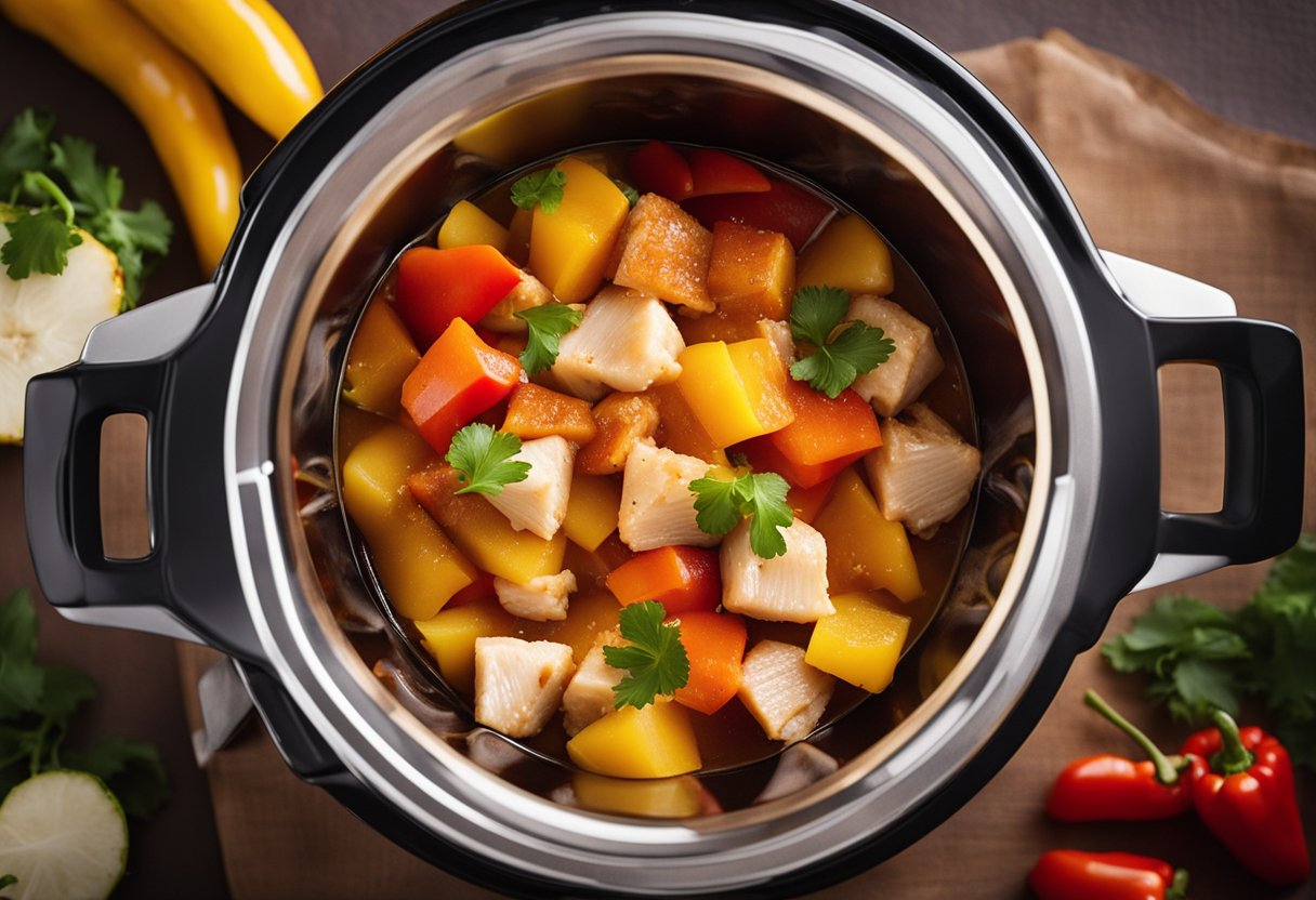 Chunks of chicken, pineapple, and bell peppers simmer in a tangy sauce in a slow cooker