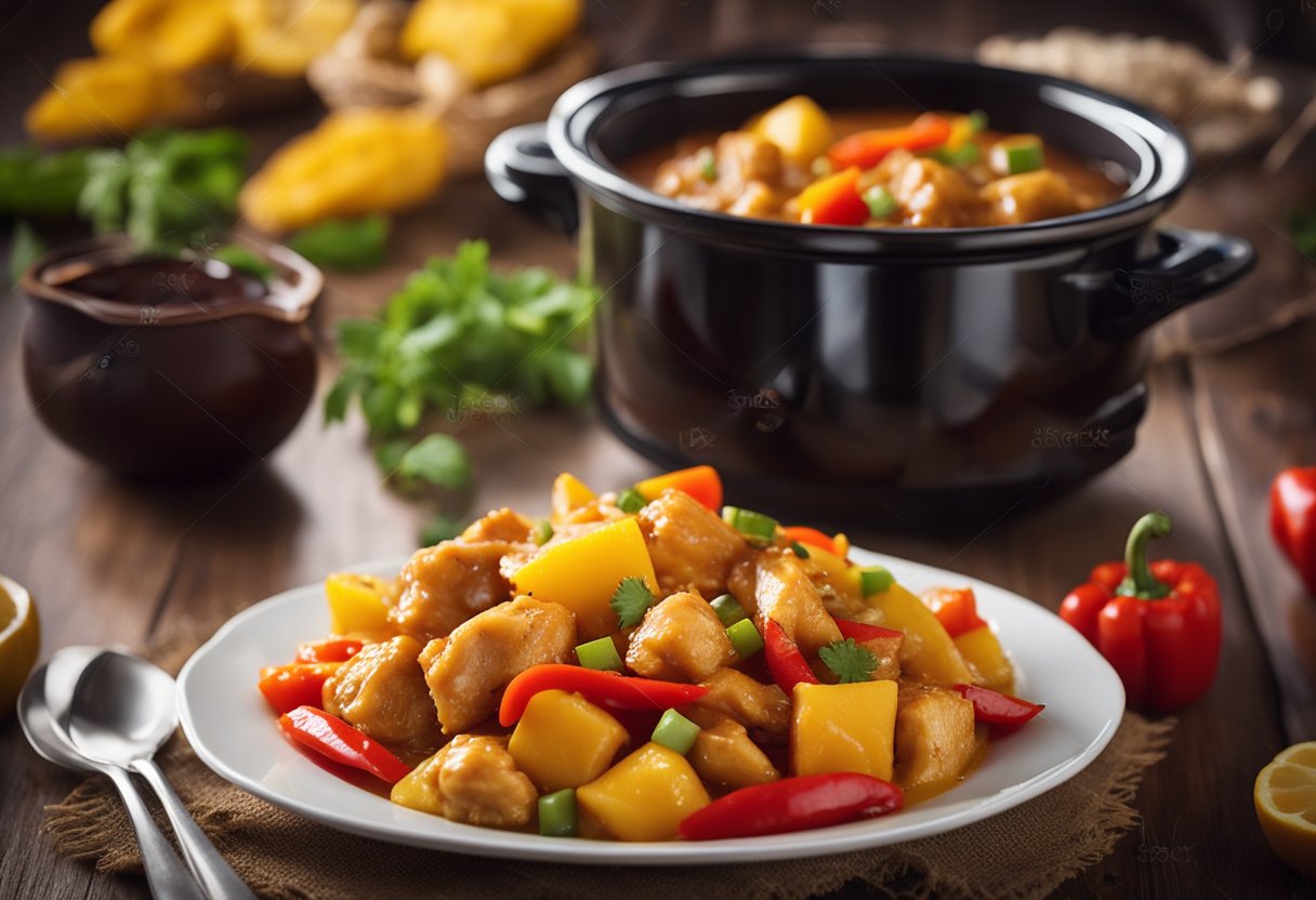Sweet and sour chicken cooks in a slow cooker with vibrant colors of red and yellow peppers, pineapple chunks, and tender pieces of chicken in a thick, glossy sauce
