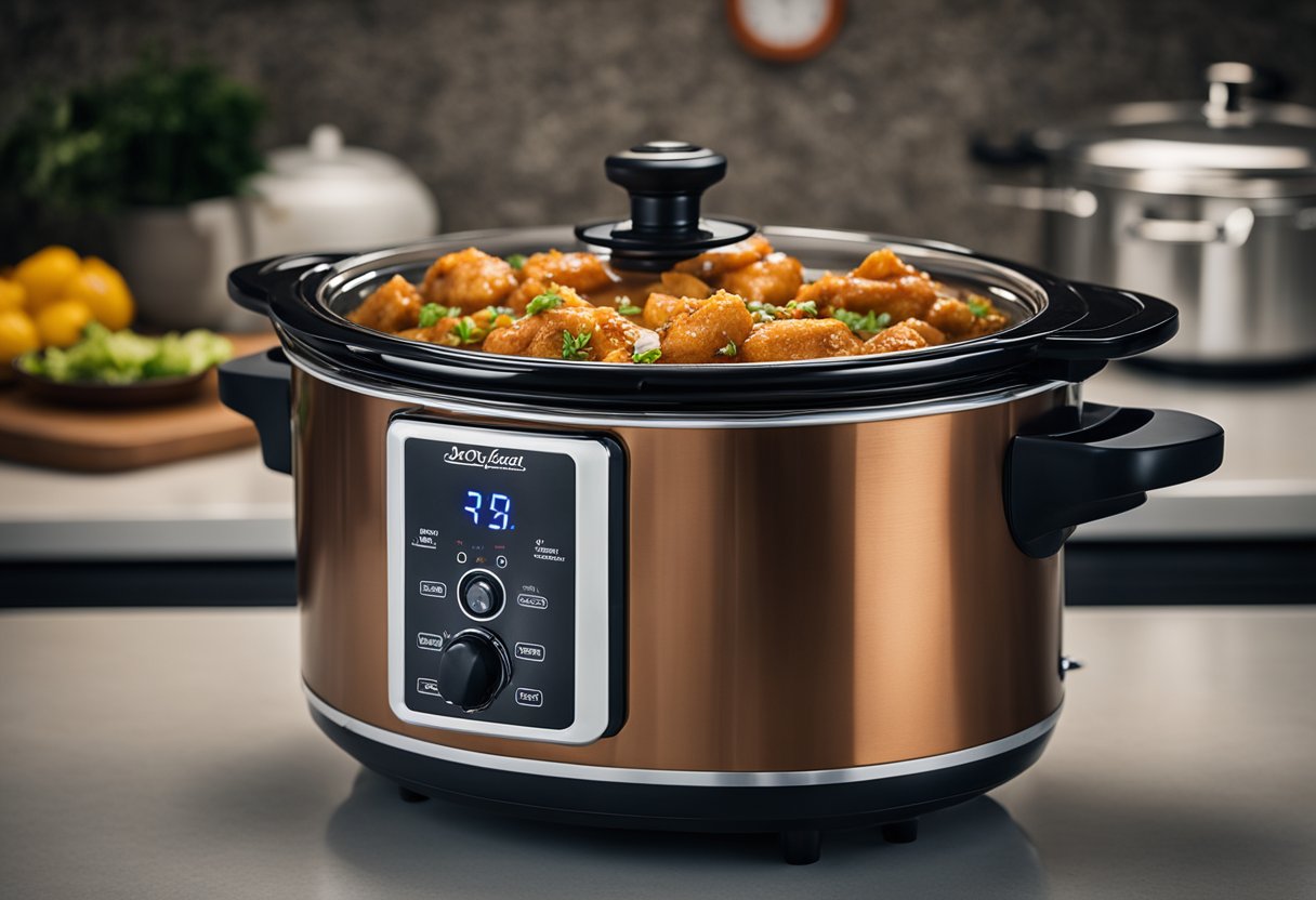 A slow cooker sits on a kitchen counter, filled with sweet and sour chicken. Steam rises from the pot as the aroma of the dish fills the room